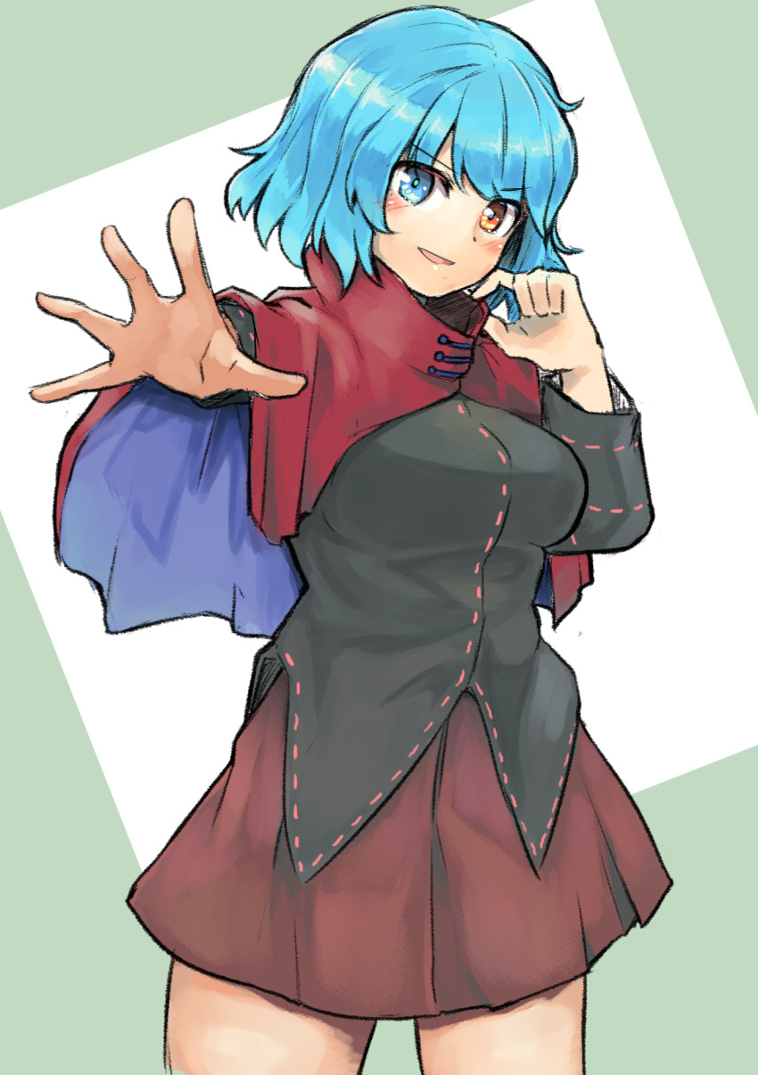 1girl :d black_shirt blue_eyes blue_hair breasts cloak cosplay ginnkei heterochromia highres looking_at_viewer open_mouth red_eyes red_skirt sekibanki sekibanki_(cosplay) shirt short_hair skirt smile solo tatara_kogasa touhou v-shaped_eyebrows