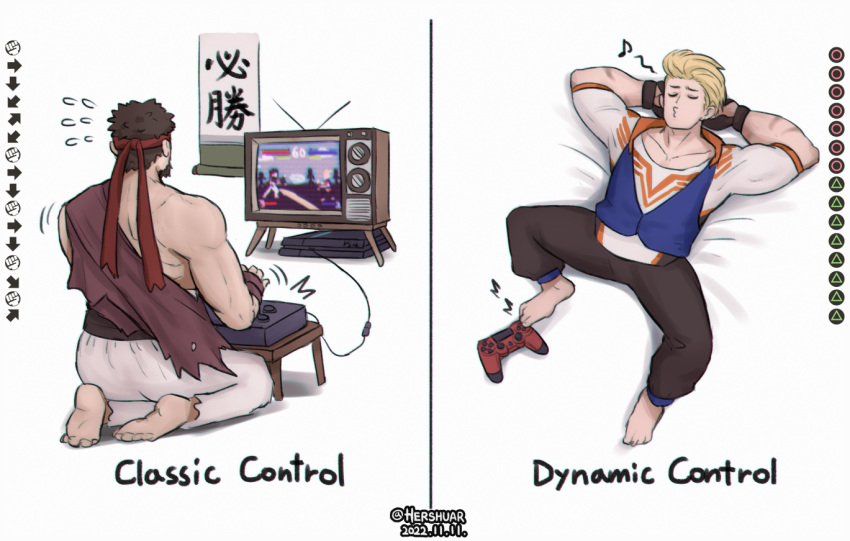 2boys arcade_stick arms_behind_head barefoot beard black_hair blonde_hair closed_eyes commentary controller dated eighth_note english_commentary english_text facial_hair flying_sweatdrops game_console game_controller hershuar joystick luke_sullivan lying male_focus multiple_boys musical_note on_back playstation_4 playstation_controller ryu_(street_fighter) seiza sitting street_fighter street_fighter_6 television twitter_username whistling