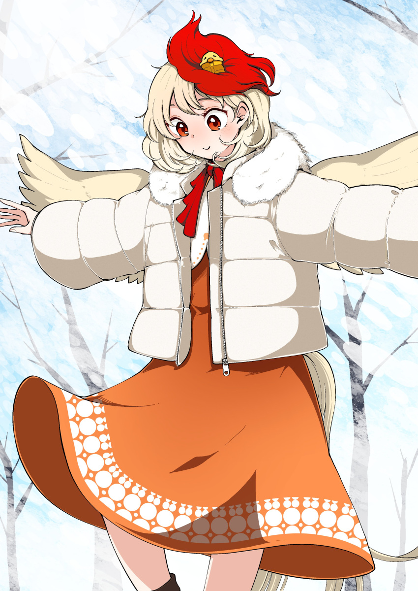 1girl absurdres animal_on_head arms_up bangs bird blonde_hair blue_sky blush boots bow bowtie branch brown_footwear chick closed_mouth colored_skin commentary_request dress fur-trimmed_hood fur_trim hair_between_eyes hands_up highres hood hooded_jacket jacket kaisenpurin long_sleeves looking_down multicolored_hair niwatari_kutaka on_head open_clothes open_jacket orange_dress orange_jacket outdoors puffy_long_sleeves puffy_sleeves red_bow red_bowtie red_eyes redhead short_hair sky smile snow solo standing tail touhou tree two-tone_hair vest white_jacket white_vest wings winter yellow_skin zipper