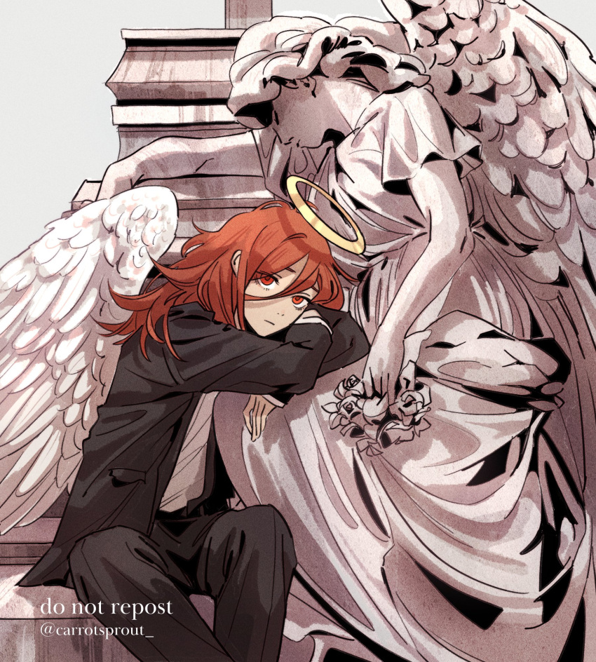 1boy 1girl angel angel_devil_(chainsaw_man) angel_statue angel_wings black_jacket black_pants carrotsprout chainsaw_man collared_shirt crossed_arms feathered_wings flower grey_background hair_between_eyes halo highres holding holding_flower jacket leaning_forward long_hair looking_at_viewer necktie orange_hair pants robe shirt solo_focus statue white_shirt white_wings wings