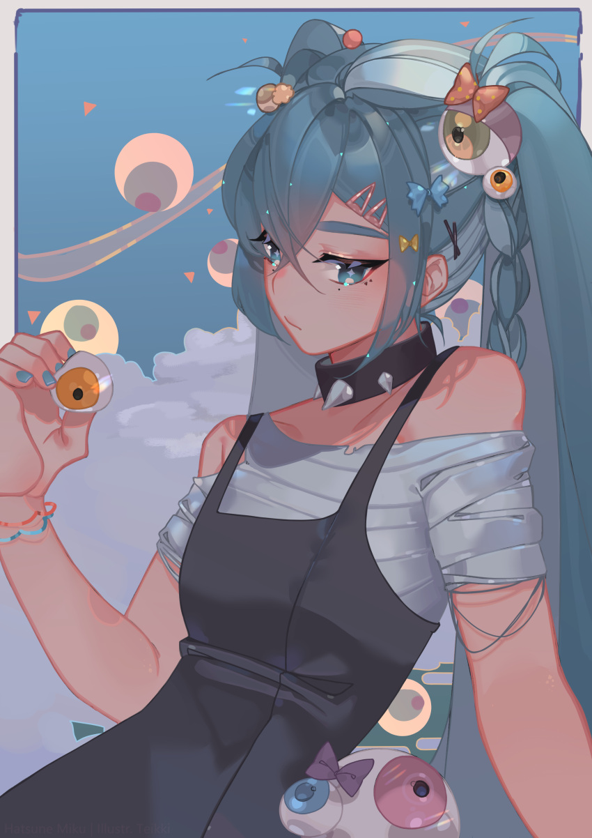 1girl absurdres bangs black_dress blue_eyes blue_hair bow clouds collar dress eyeball_hair_ornament hair_behind_ear hair_between_eyes hatsune_miku highres holding long_hair looking_down purple_bow sarashi self_upload sitting sky solo spiked_collar spikes teikki twintails vocaloid