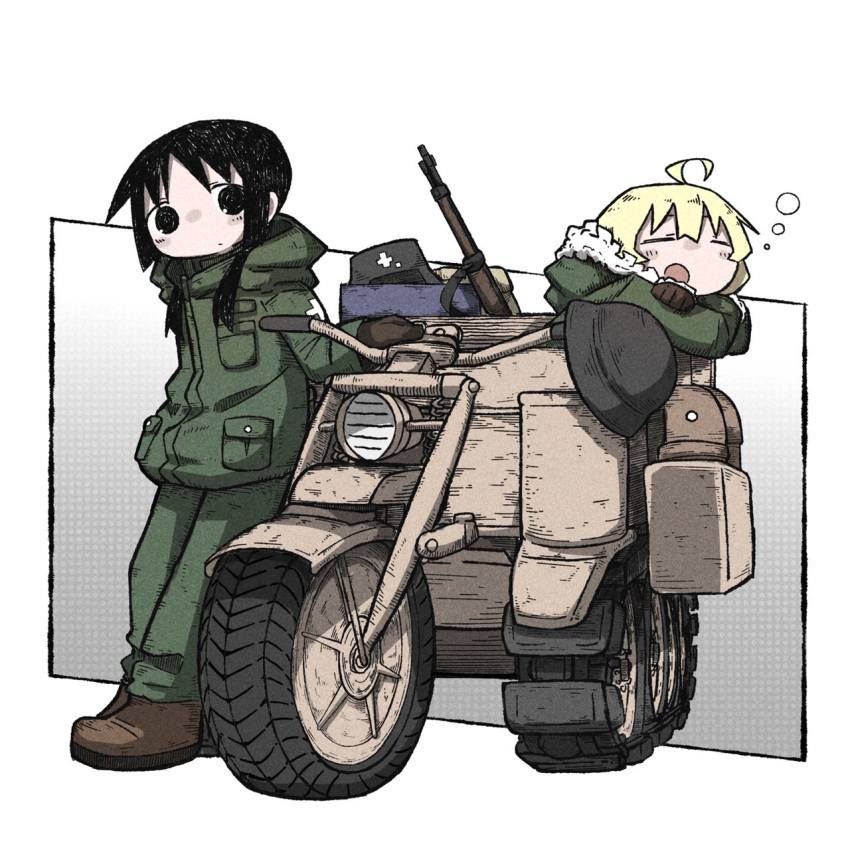 2girls ahoge black_eyes black_hair blonde_hair brodie_helmet brown_footwear brown_gloves chito_(shoujo_shuumatsu_ryokou) closed_eyes coat cross fur-trimmed_coat fur_trim gloves green_coat green_pants ground_vehicle half-track helmet highres kettenkrad long_hair low_twintails messy_hair military military_helmet military_uniform motor_vehicle motorcycle multiple_girls pants shoujo_shuumatsu_ryokou stahlhelm tareme teru_(teru11061) twintails uniform yuuri_(shoujo_shuumatsu_ryokou)