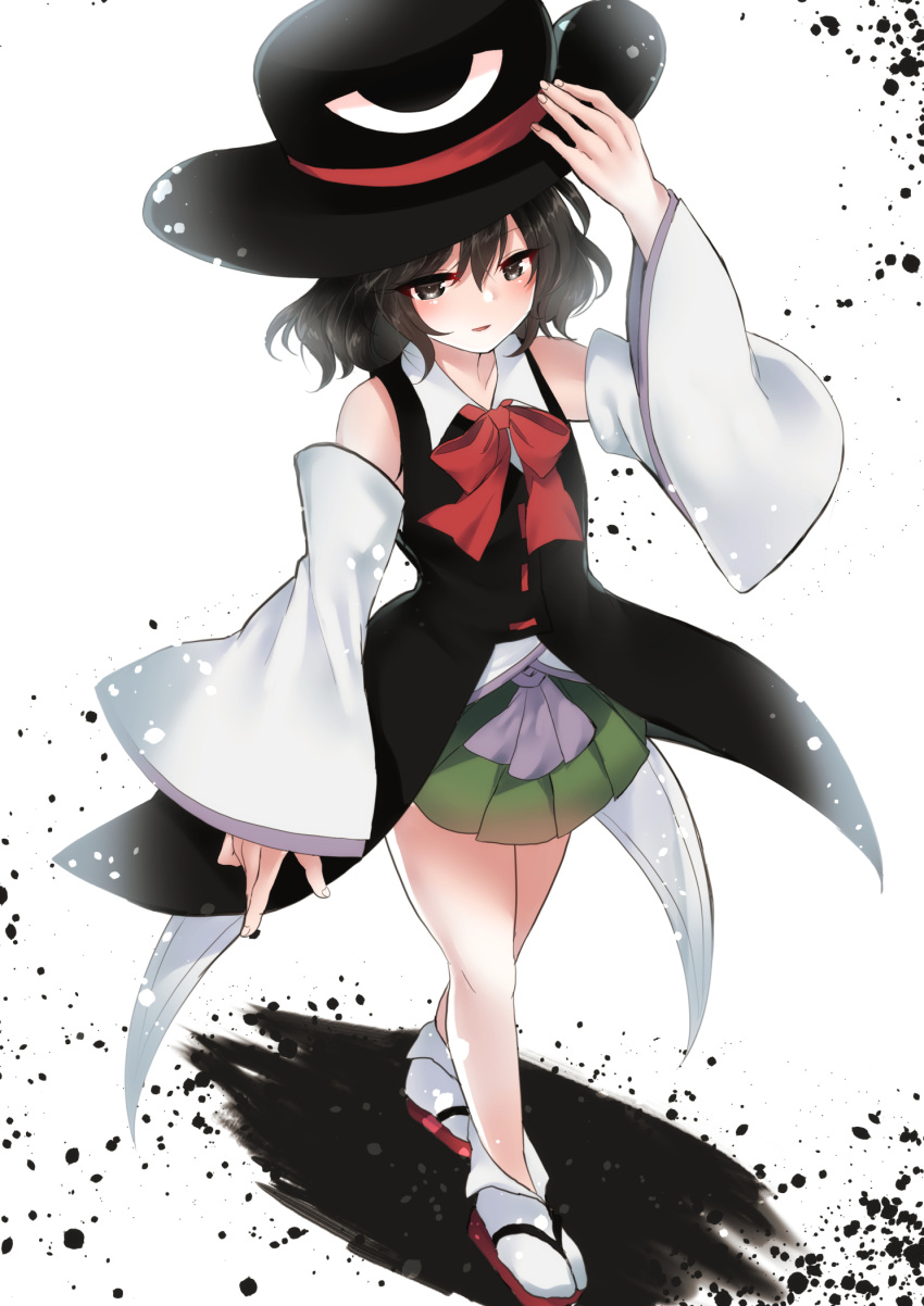 1other androgynous black_eyes black_hair detached_sleeves enraku_tsubakura geta hakama hakama_short_skirt hakama_skirt hat highres japanese_clothes large_hat len'en ougi_hina red_ribbon ribbon short_hair skirt sleeveless_coat solo tabi top_hat white_sleeves wide_sleeves