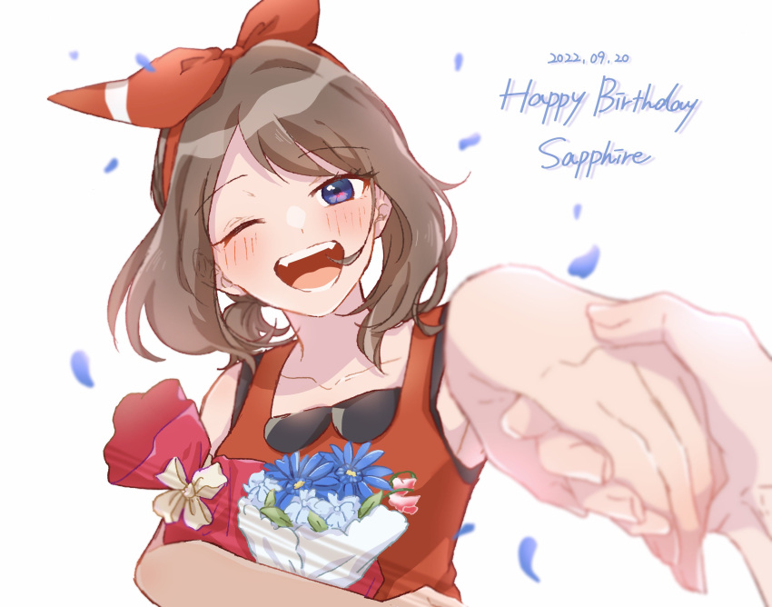 1girl 1other ;d absurdres bag bangs blue_eyes blurry blush bouquet bow_hairband brown_hair character_name commentary_request dated eyelashes falling_petals hairband happy happy_birthday highres holding_hands may_(pokemon) medium_hair one_eye_closed open_mouth petals pokemon pokemon_adventures shirt sleeveless sleeveless_shirt smile teeth tongue tsukimi_(tkm_516) upper_body