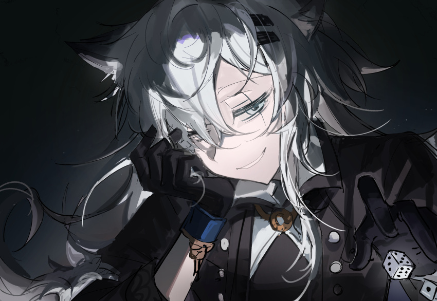 1girl animal_ear_fluff animal_ears arknights bangs black_gloves black_jacket commentary_request dice gloves grey_eyes grey_hair hair_ornament hair_over_one_eye hairclip highres jacket lappland_(arknights) long_hair long_sleeves looking_at_viewer mingriyouse parted_lips shirt smile solo upper_body white_shirt