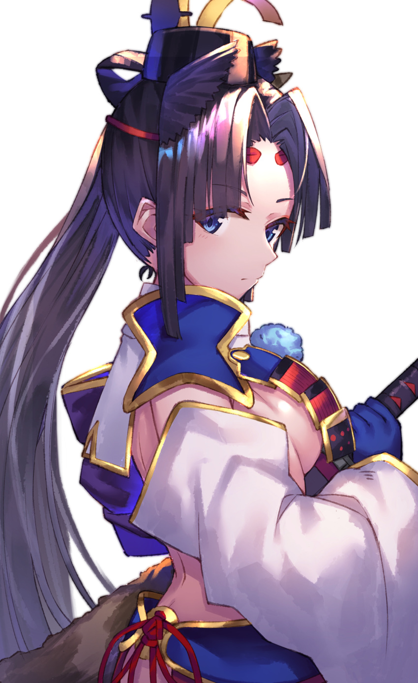 1girl absurdres armor bangs black_hair blue_eyes blue_gloves blush breast_curtains breasts commentary_request detached_sleeves fate/grand_order fate_(series) feathers from_side gloves hair_ornament hat highres holding holding_sword holding_weapon japanese_armor katana long_hair looking_at_viewer medium_breasts parted_bangs revealing_clothes side_ponytail simple_background solo sword tate_eboshi ushiwakamaru_(fate) very_long_hair weapon white_sleeves wide_sleeves yuuki_nao_(pixiv10696483)