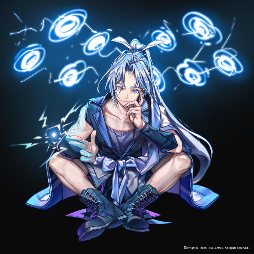 1boy blue_eyes boots closed_mouth collarbone english_text hand_on_own_face hero_cantare highres khun_edhuan lightning long_hair looking_at_viewer official_art ponytail sitting smile tower_of_god yagaaaa