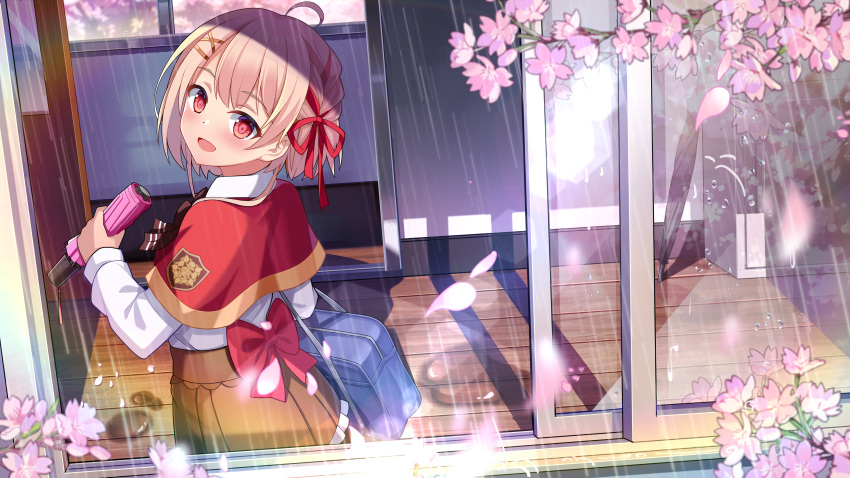 1girl :d absurdres bag bow braid capelet closed_umbrella flower hair_ornament hair_ribbon hairclip hanayori_jyoshiryou highres kano_(hanayori_jyoshiryou) long_sleeves looking_at_viewer open_window qi_meng_yi rain red_bow red_eyes red_ribbon ribbon school_bag shadow short_hair smile spring_(season) standing umbrella window