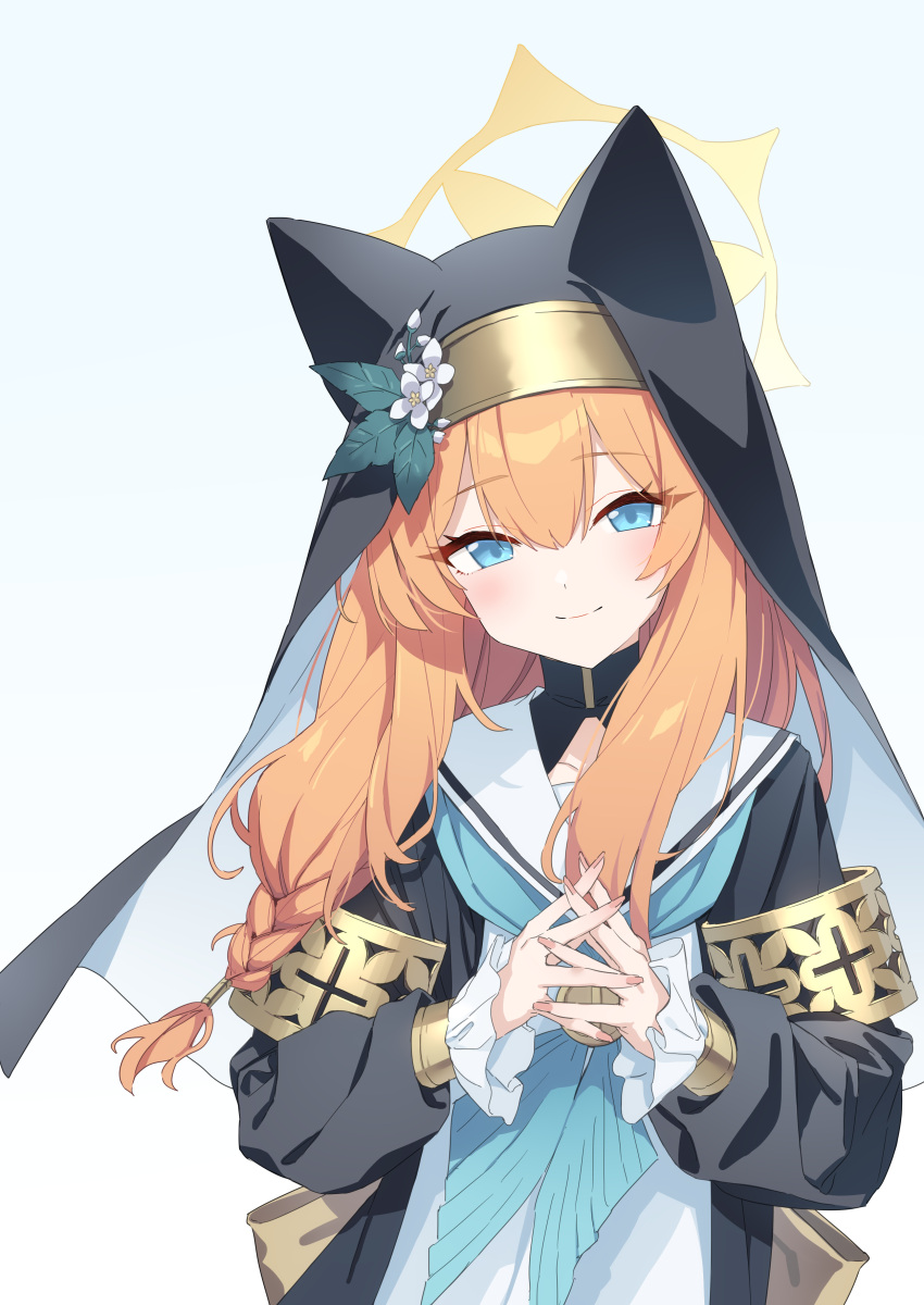 1girl absurdres baffu bangs blue_archive blue_background blue_eyes blue_neckerchief closed_mouth fingernails flower gradient gradient_background halo highres long_hair long_sleeves looking_at_viewer mari_(blue_archive) neckerchief nun orange_hair own_hands_together smile solo