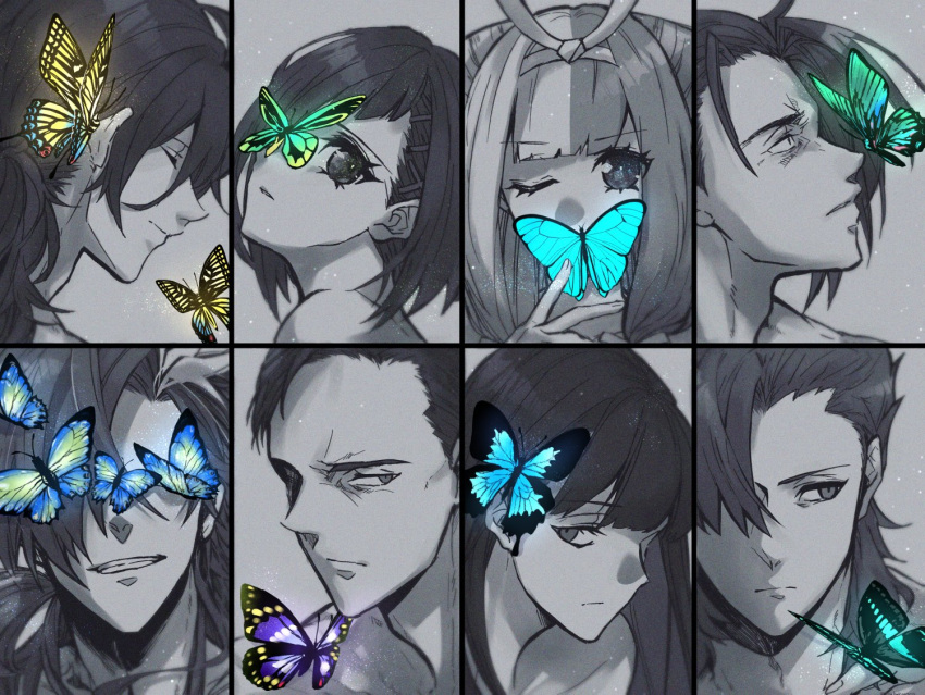 3girls 5boys aqua_butterfly bangs bare_shoulders blue_butterfly blunt_bangs bug butterfly butterfly_on_ear butterfly_on_face butterfly_on_hand butterfly_on_mouth butterfly_on_nose butterfly_on_shoulder butterfly_over_eye closed_eyes closed_mouth column_lineup fate/grand_order fate_(series) green_butterfly grey_background greyscale grin hair_ornament hair_over_one_eye hairband hairclip hand_up izumo_no_okuni_(fate) light_particles long_hair looking_at_viewer low_ponytail masaki_(star8moon) medium_hair monochrome mori_nagayoshi_(fate) multicolored_hair multiple_boys multiple_girls mysterious_ranmaru_x_(fate) one_eye_closed oryou_(fate) parted_lips portrait profile purple_butterfly sakamoto_ryouma_(fate) short_hair sideways_glance smile split-color_hair spot_color streaked_hair takasugi_shinsaku_(fate) takechi_zuizan_(fate) tanaka_shinbei_(fate) yellow_butterfly