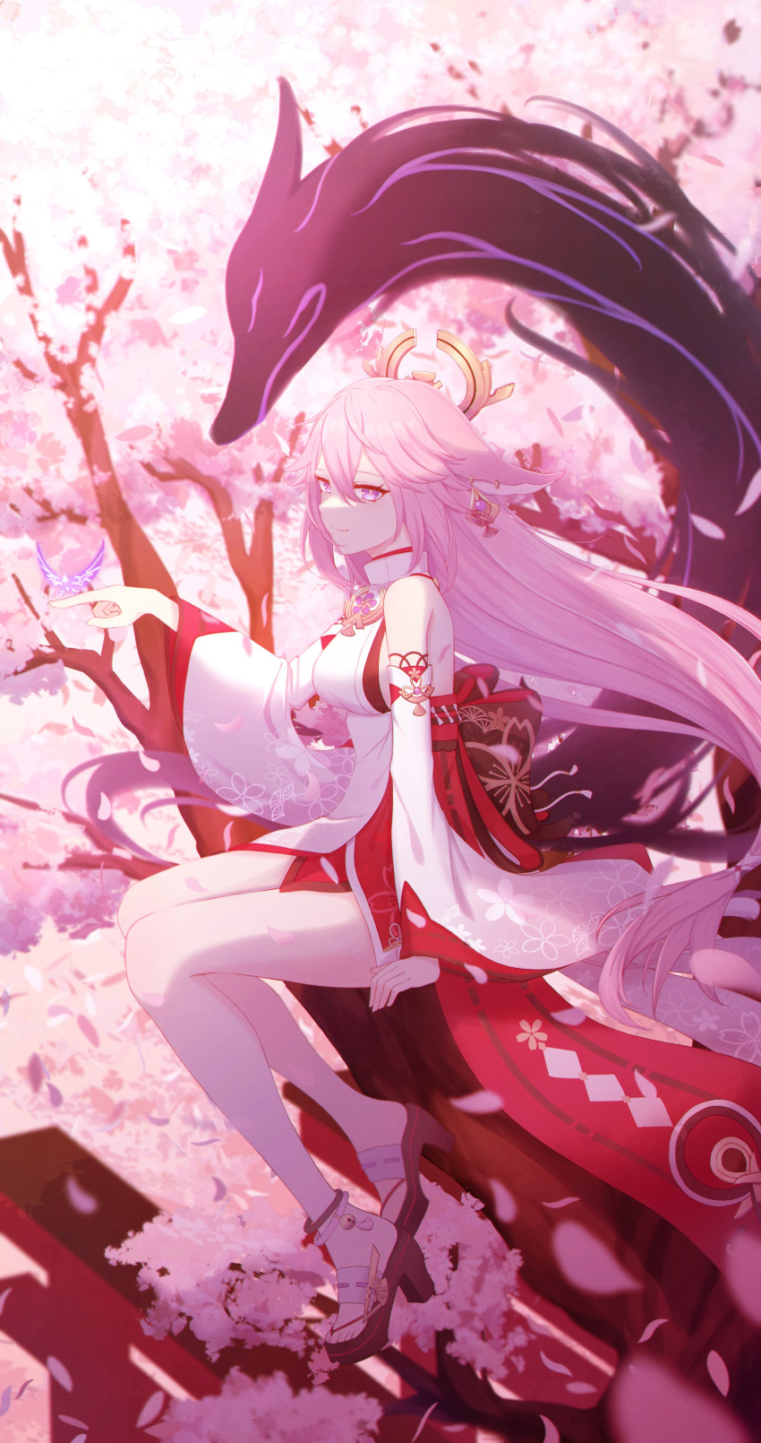 1girl absurdres akazaki_yukino animal_ears architecture bangs bare_legs blurry blurry_background blurry_foreground branch breasts bug butterfly cherry_blossoms chinese_commentary closed_mouth commentary_request depth_of_field detached_sleeves dress earrings east_asian_architecture floppy_ears from_side genshin_impact hair_between_eyes hand_up high_heels highres japanese_clothes jewelry legs long_hair looking_at_viewer low-tied_long_hair nontraditional_miko obi petals pink_eyes pink_hair red_dress red_sleeves sandals sash short_dress sideboob sitting solo spirit toes torii tree turtleneck white_dress white_sleeves wide_sleeves yae_miko