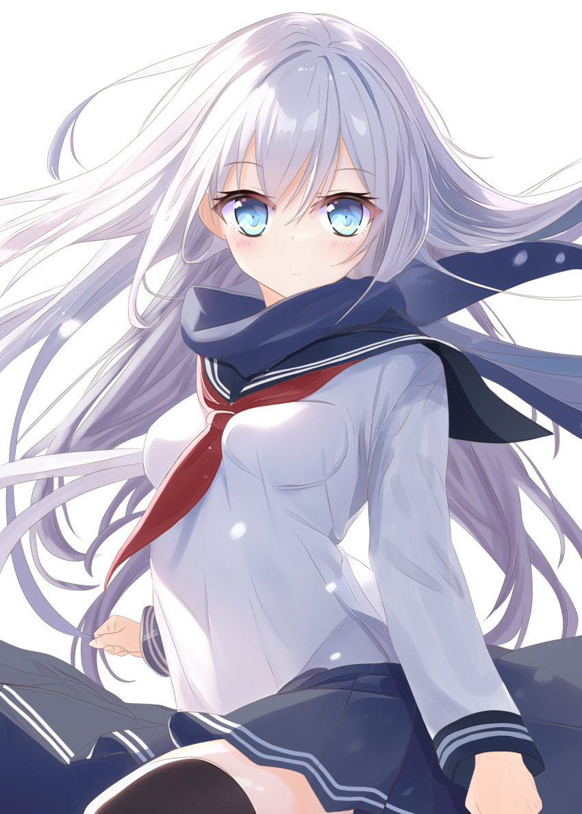 aruka_(alka_p1) black_sailor_collar black_skirt black_thighhighs blue_eyes blue_scarf breasts commentary_request hibiki_(kancolle) highres kantai_collection neckerchief pleated_skirt red_neckerchief sailor_collar scarf school_uniform serafuku simple_background skirt small_breasts thigh-highs white_background white_hair