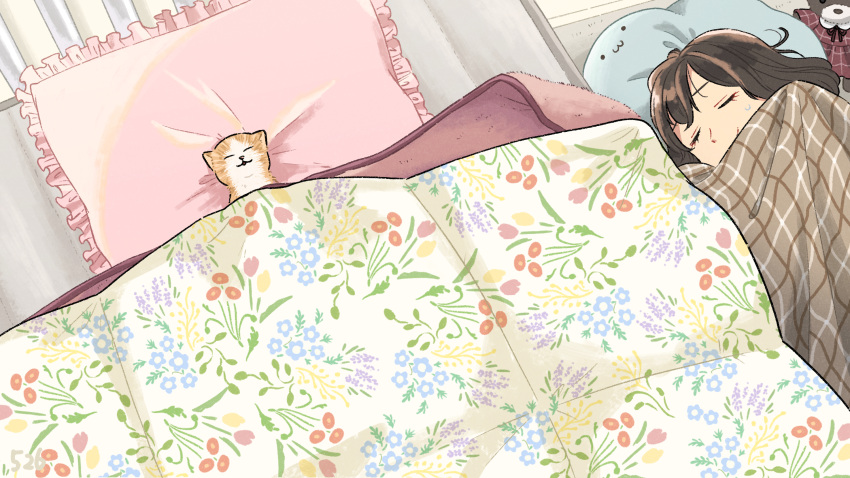 1girl animal brown_hair cat floral_print from_above highres indoors kojiro337 lying medium_hair on_bed on_side original pillow sleeping solo stuffed_animal stuffed_toy sweatdrop teddy_bear under_covers