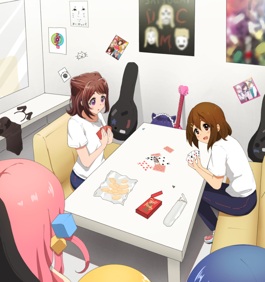 5girls :d bang_dream! blonde_hair blue_hair bocchi_the_rock! brown_hair card chips_(food) crossover cyan_(show_by_rock!!) food gotou_hitori guitar_case highres hirasawa_yui holding holding_card ijichi_nijika instrument_case k-on! medium_hair mirror multiple_crossover multiple_girls pink_hair playing_card poa_mellhen pocky potato_chips purple_hair show_by_rock!! sitting smile toyama_kasumi trait_connection yamada_ryou