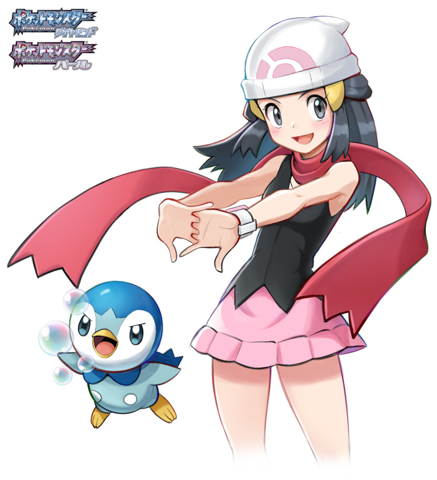 1girl :d beanie black_hair black_shirt blush bubble commentary_request copyright_name eyelashes floating_scarf grey_eyes hair_ornament hairclip hat highres hikari_(pokemon) long_hair looking_to_the_side mr.thunderigor open_mouth pink_skirt piplup poke_ball_print pokemon pokemon_(creature) pokemon_(game) pokemon_dppt poketch red_scarf scarf shirt sidelocks skirt sleeveless sleeveless_shirt smile stretching tongue watch watch white_headwear