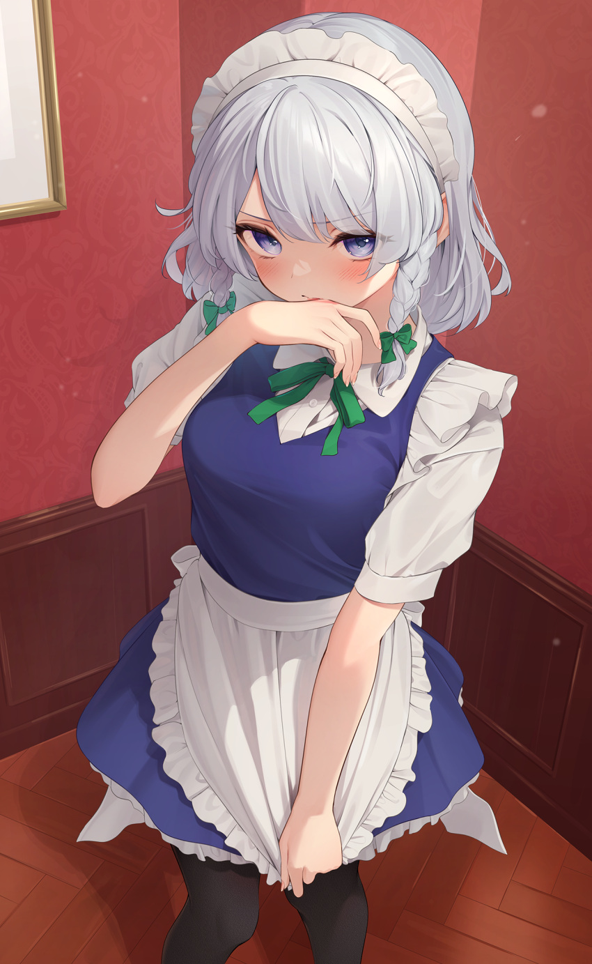 1girl apron black_pantyhose blue_dress blue_eyes blush bow braid buttons closed_mouth collared_shirt dress embarrassed feet_out_of_frame fingernails frilled_apron frills green_bow green_ribbon grey_hair hair_bow highres izayoi_sakuya kanpa_(campagne_9) looking_at_viewer maid maid_apron maid_headdress pantyhose revision ribbon shirt short_hair short_sleeves solo touhou twin_braids waist_apron white_apron white_shirt