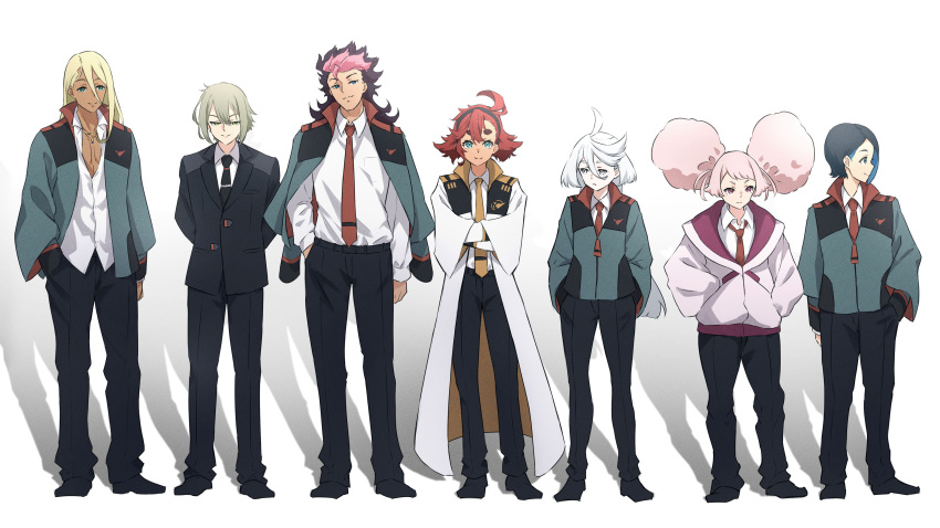 3boys 4girls absurdres adapted_costume afro_puffs ahoge aqua_eyes arms_behind_back asticassia_school_uniform belt black_belt black_footwear black_hair black_hairband black_jacket black_necktie black_pants blonde_hair blue_eyes blue_hair breast_pocket brown_hair chuatury_panlunch collared_shirt colored_inner_hair cowlick crossed_arms double_bun elan_ceres formal frown full_body ghost_in_the_shell ghost_in_the_shell_lineup ghost_in_the_shell_stand_alone_complex green_eyes green_jacket grey_eyes grey_hair guel_jeturk gundam gundam_suisei_no_majo hair_behind_ear hair_between_eyes hair_bun hairband hand_in_pocket hands_in_pockets highres hood hoodie jacket jacket_on_shoulders jewelry long_hair long_sleeves looking_at_viewer looking_down looking_to_the_side miorine_rembran multicolored_hair multiple_boys multiple_girls necklace necktie nika_nanaura pants partially_unbuttoned pink_eyes pink_hair pink_hoodie pocket red_necktie redhead school_uniform shaddiq_zennelli shadow shiraiwa_usagi shirt shoes short_hair simple_background smile standing straight-on streaked_hair suit suit_jacket suletta_mercury thick_eyebrows tie_clip trench_coat two-tone_hair untucked_shirt v-shaped_eyebrows white_background white_shirt wide_sleeves yellow_necktie
