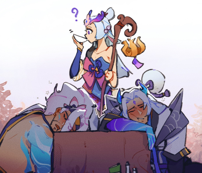 2boys animal_ears artist_name bangs blue_skin blush bottle closed_eyes collarbone colored_skin cup drooling drunk flat_chest gambler_carrd grey_background grey_hair highres holding holding_cup holding_staff horns horse_ears horse_girl league_of_legends lillia_(league_of_legends) long_hair multicolored_hair multiple_boys open_mouth simple_background single_bare_shoulder sleeping spirit_blossom_lillia spirit_blossom_yasuo spirit_blossom_yone staff teeth yasuo_(league_of_legends) yone_(league_of_legends)