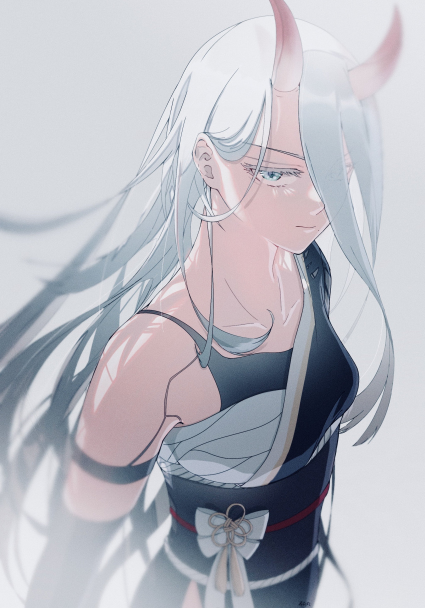 1girl absurdres android bare_shoulders blue_eyes breasts highres horns japanese_clothes kaino_osushi85 long_hair looking_at_viewer medium_breasts mole mole_under_mouth nier_(series) nier_automata sarashi simple_background solo very_long_hair white_hair yorha_type_a_no._2