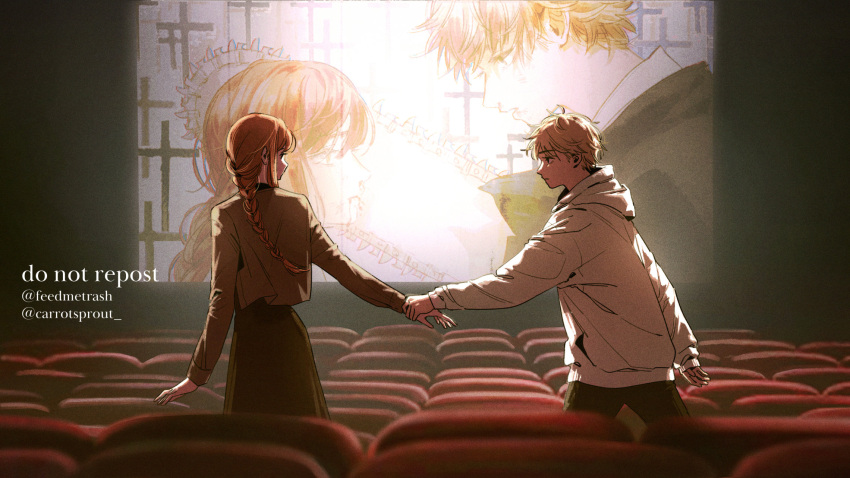 1boy 1girl blonde_hair blood blood_from_mouth braid braided_ponytail carrotsprout chainsaw chainsaw_man collaboration dark_background denji_(chainsaw_man) dress graveyard highres holding_another's_wrist hood hoodie jacket jacksonso long_hair looking_at_another makima_(chainsaw_man) movie_theater open_mouth projector_screen redhead short_hair sidelocks tombstone twitter_username white_hoodie