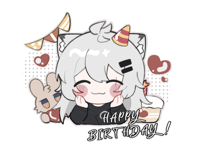 1girl ^_^ animal_ear_fluff animal_ears arknights bangs black_shirt blush_stickers cake candle closed_eyes closed_mouth commentary_request cropped_torso facing_viewer fire food grey_hair hair_between_eyes hair_ornament hairclip hands_up happy_birthday hat heart highres lappland_(arknights) long_hair mini_hat party_hat pennant polka_dot shirt simple_background solo string_of_flags stuffed_animal stuffed_bunny stuffed_toy tilted_headwear upper_body white_background xijian