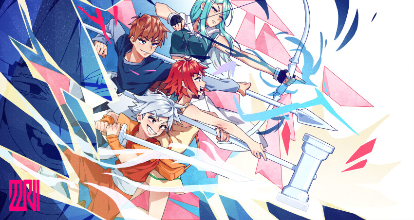 1boy 1girl 2boy 3girls aqua_hair archer archery armored_boots baggy_pants bands belt black_shorts blue_shirt boots bow bow_(weapon) bow_and_arrow breasts brown_eyes brown_hair cat_smile crop_top crystal_story eyeliner female_focus fighting_stance frown hammer holding holding_weapon hood hoodie kaeli_(crystal_story) knee-length_skirt laughing makeup male_focus medium_breasts midriff mischievous navel pants phoebe_(crystal_story) pockets polearm red_clothes red_hair reuben_(crystal_story) rii_(rinmaitobi) rita_(crystal_story) sash satchel serious sharp_teeth shirt shoes short_hair shorts skirt small_breasts smirk sneakers spear sword tank_top tristam_(crystal_story) weapon white_hair