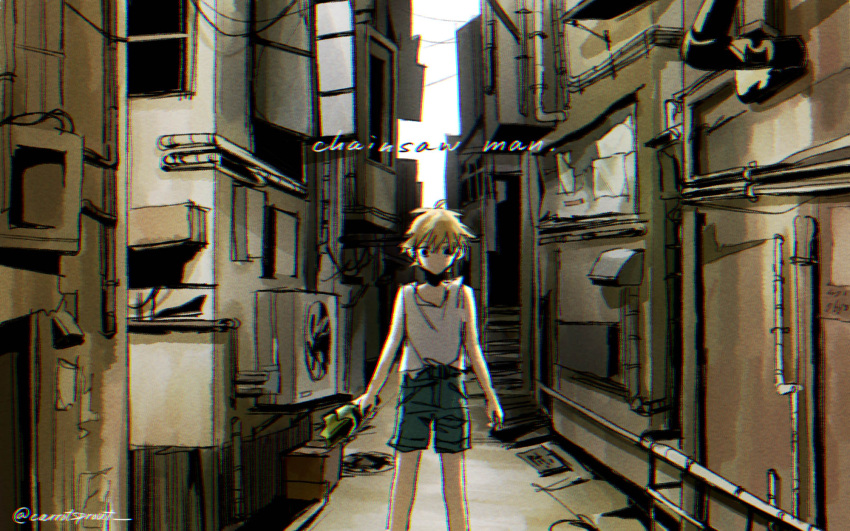 1boy alley blonde_hair bottle broken_bottle broken_glass carrotsprout chainsaw_man chromatic_aberration denji_(chainsaw_man) glass highres holding holding_bottle looking_at_viewer male_child no_mouth short_hair shorts solo spiky_hair tank_top twitter_username white_tank_top