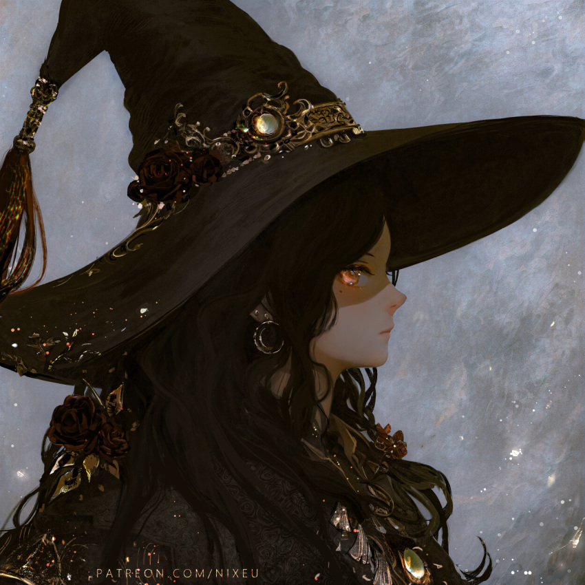 1girl black_hair black_headwear black_robe brooch closed_mouth commentary_request earrings from_side hat hat_ornament highres jewelry looking_at_viewer looking_to_the_side nixeu orange_eyes original portrait robe solo upper_body witch witch_hat