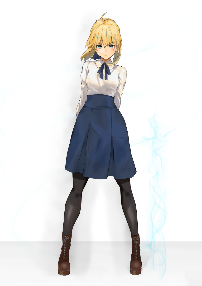 1girl absurdres ahoge arms_behind_back artoria_pendragon_(fate) bangs black_pantyhose blonde_hair blue_bow blue_ribbon blue_skirt boots bow braid braided_bun brown_footwear closed_mouth collared_shirt fate/stay_night fate_(series) floating_hair full_body green_eyes hair_between_eyes hair_bow hair_bun high-waist_skirt highres long_hair long_sleeves looking_at_viewer medium_skirt neck_ribbon pantyhose pleated_skirt ribbon saber shiny shiny_hair shirt skirt smile solo standing white_background white_shirt wing_collar