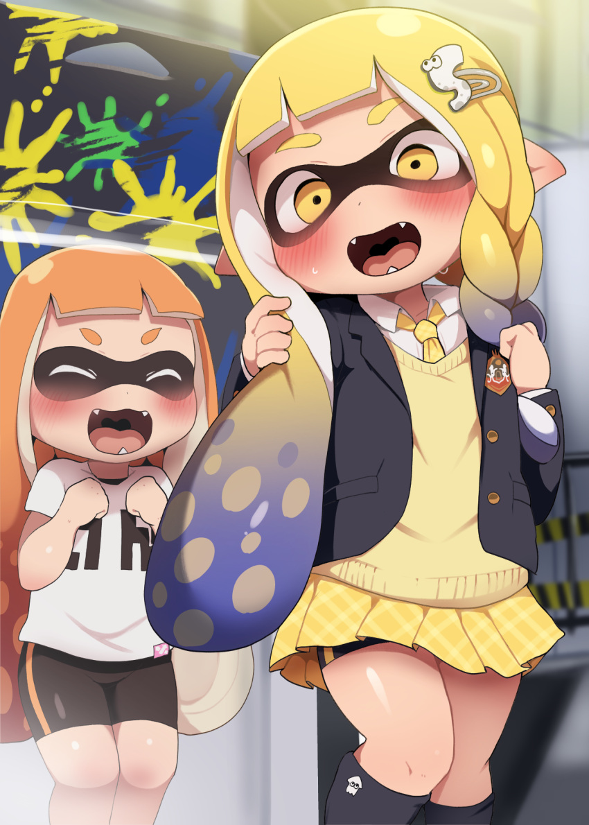 1boy 1girl :d ^_^ bike_shorts blonde_hair blush braid closed_eyes crossdressing dagashi_(daga2626) fangs hair_ornament highres inkling kneehighs legs_together long_sleeves necktie open_mouth otoko_no_ko paint_splatter pointy_ears shirt short_shorts shorts skirt smile socks splatoon_(series) standing tentacle_hair thick_eyebrows tongue vest white_shirt wing_collar yellow_eyes yellow_necktie yellow_skirt yellow_vest