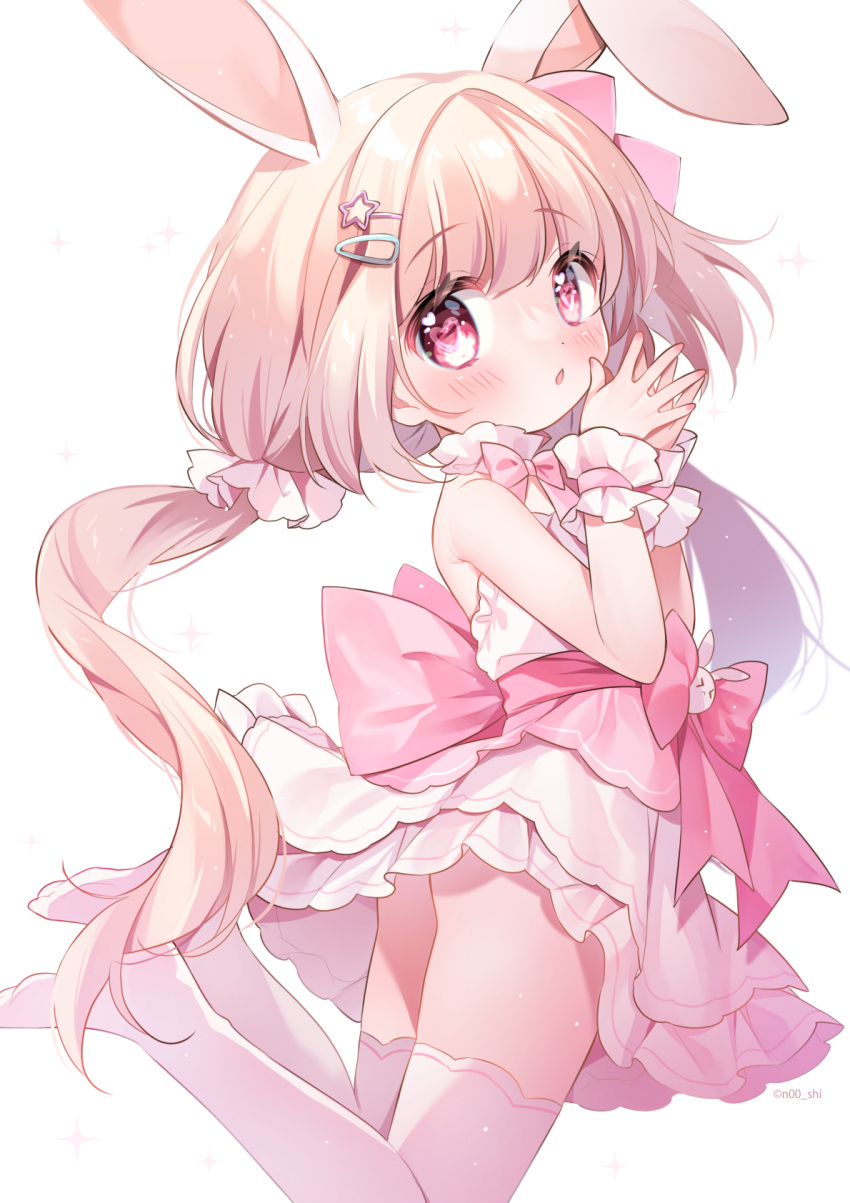 1girl animal_ears blush dress from_behind gau_(n00_shi) hair_ornament hairclip hand_to_own_mouth highres legs legs_up long_hair looking_back low_twintails no_shoes original own_hands_together pink_dress pink_eyes pink_thighhighs rabbit_ears rabbit_girl short_dress sleeveless sleeveless_dress solo thigh-highs thighs twintails wind wind_lift