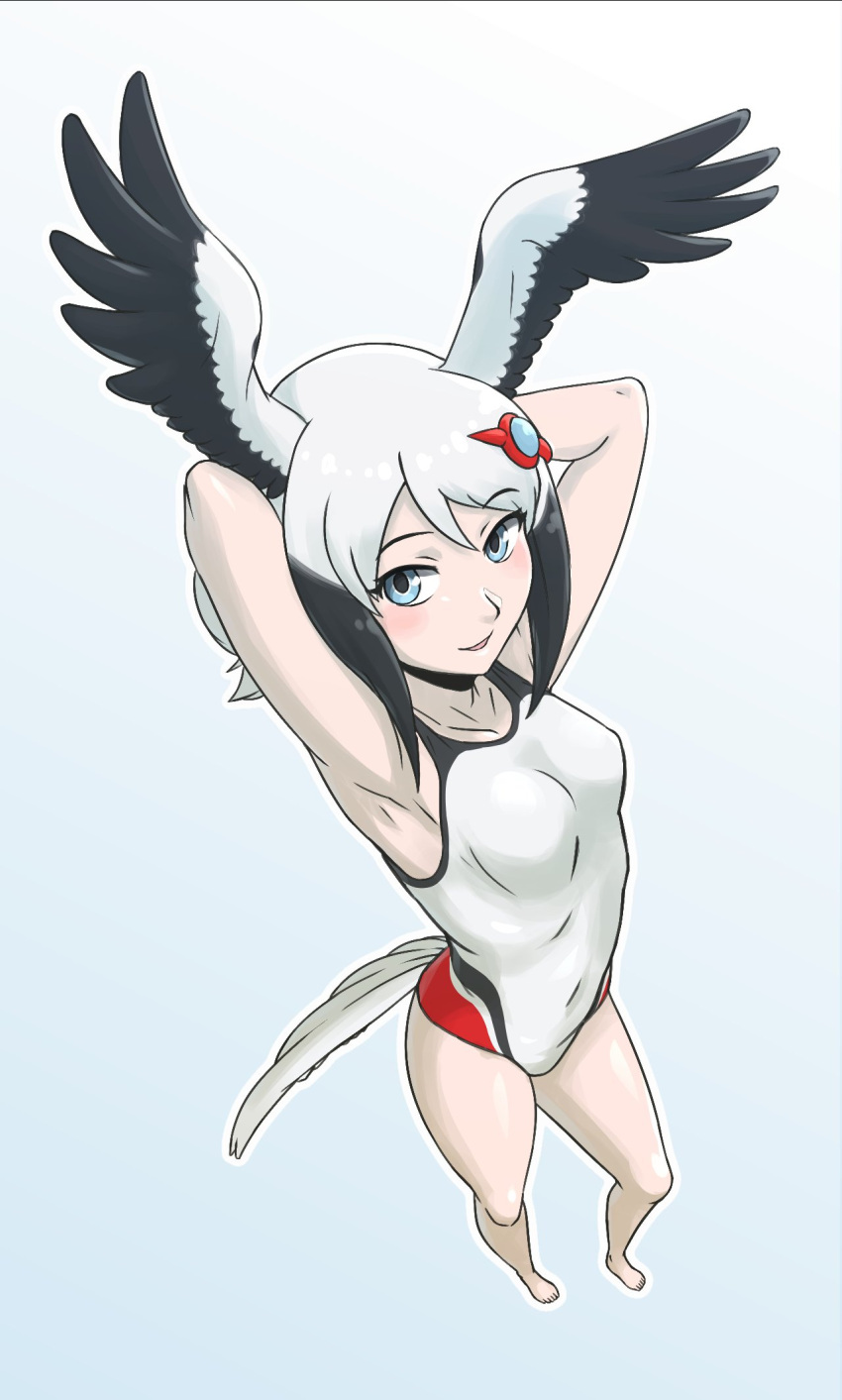 1girl acesrulez adapted_costume arms_behind_head bare_arms bare_legs bare_shoulders barefoot bird_girl bird_tail bird_wings black_hair blue_eyes blush collarbone commentary_request from_above full_body hair_ornament hairclip head_wings highres kemono_friends looking_at_viewer multicolored_hair one-piece_swimsuit oriental_stork_(kemono_friends) short_hair sidelocks solo swimsuit tail two-tone_hair white_hair white_one-piece_swimsuit wings