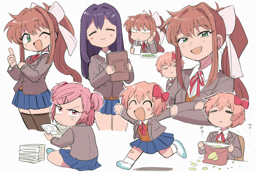 4girls bandaid bandaid_on_knee bandaid_on_leg bangs blue_skirt blush book book_stack bow brown_hair closed_eyes cup doki_doki_literature_club drinking drinking_straw green_eyes hair_bow hair_ornament hairclip holding holding_cup long_hair memosan monika_(doki_doki_literature_club) multiple_girls natsuki_(doki_doki_literature_club) one_eye_closed open_mouth pink_eyes pink_hair pleated_skirt ponytail purple_hair red_bow sayori_(doki_doki_literature_club) short_hair sidelocks skirt smile swept_bangs white_bow yuri_(doki_doki_literature_club)