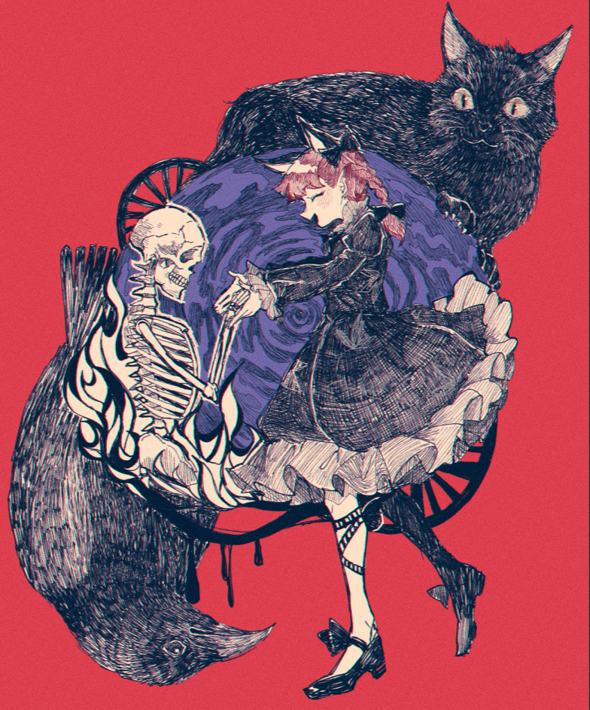 1girl ^_^ animal black_dress black_footwear closed_eyes dress flag_background from_side full_body highres holding_hands itomugi-kun juliet_sleeves kaenbyou_rin kaenbyou_rin_(cat) long_sleeves profile puffy_sleeves red_background red_sky simple_background skeleton sky solo touhou