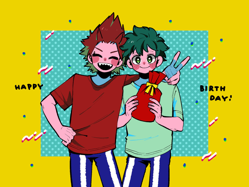2boys anna_(aannnaa3) bag blue_pants blush boku_no_hero_academia closed_eyes closed_mouth commentary_request cowboy_shot freckles green_eyes green_hair green_shirt hand_on_another's_shoulder hand_on_hip happy_birthday highres holding holding_bag kirishima_eijirou looking_at_viewer male_focus midoriya_izuku multiple_boys open_mouth pants polka_dot polka_dot_background red_bag red_shirt redhead sharp_teeth shirt short_hair short_sleeves simple_background smile spiky_hair standing teeth v yellow_background