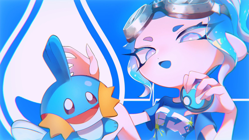 1girl :d blue_hair blue_shirt blue_theme blue_tongue bright_pupils colored_tongue company_connection crossover dive_ball eyes_visible_through_hair goggles goggles_on_head highres holding holding_poke_ball mudkip nintendo octarian octoling octoling_girl open_mouth poke_ball pokemon pokemon_(creature) ponytail shirt short_hair short_sleeves smile splatoon_(series) splatoon_3 suu_(new_zaraki510) t-shirt tentacle_hair violet_eyes white_pupils