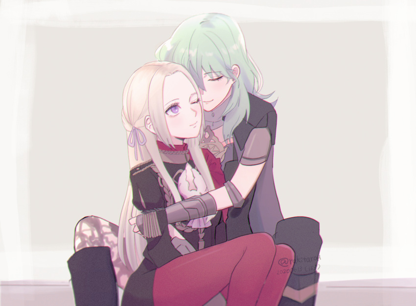 2020 2girls ;) black_jacket black_skirt byleth_(fire_emblem) byleth_eisner_(female) cape closed_eyes closed_mouth dated edelgard_von_hresvelg enlightened_byleth_(female) fire_emblem fire_emblem:_three_houses garreg_mach_monastery_uniform green_hair grey_background grey_cape hair_ribbon hug jacket long_hair long_sleeves miniskirt multiple_girls one_eye_closed pantyhose pink_ribbon red_pantyhose ribbon shiny shiny_hair sitting skirt smile straight_hair twitter_username very_long_hair violet_eyes white_hair yukiyanagi_raki yuri