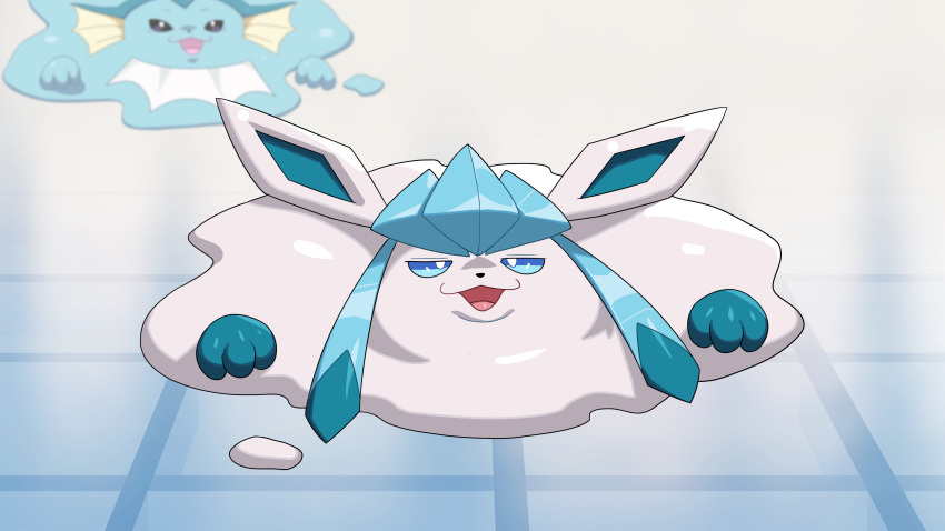 :3 absurdres alternate_color animal_focus black_eyes blue_hair blue_sclera blurry blurry_background colored_sclera commentary drunkoak english_commentary glaceon half-closed_eyes highres long_hair melting multicolored_hair no_humans on_floor open_mouth pokemon pokemon_(creature) puddle shiny_pokemon sidelocks solo_focus tile_floor tiles two-tone_hair vaporeon white_eyes