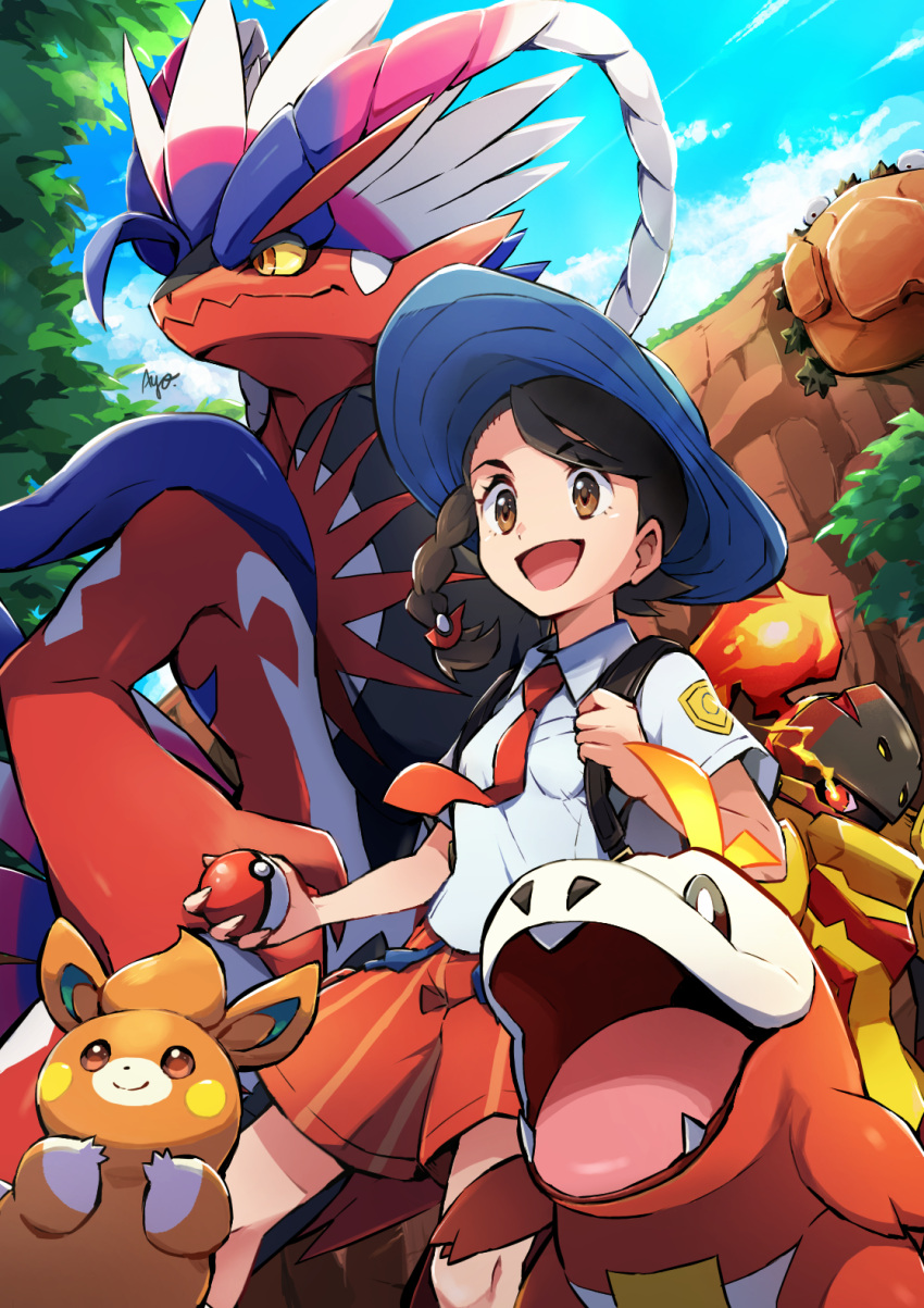 1girl :d armarouge ayo_(ayosanri009) bangs blue_headwear braid brown_eyes clouds commentary_request day eye_trail eyelashes fuecoco hat highres holding holding_poke_ball holding_strap juliana_(pokemon) klawf knees koraidon light_trail necktie open_mouth orange_necktie orange_shorts outdoors pawmi poke_ball poke_ball_(basic) pokemon pokemon_(creature) pokemon_(game) pokemon_sv shirt short_sleeves shorts sky smile