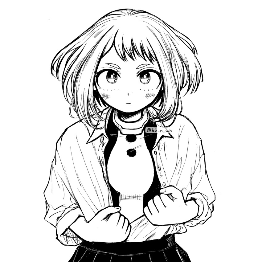 1girl bk_n_wh bodysuit boku_no_hero_academia closed_mouth collared_shirt facing_viewer highres looking_at_viewer partially_unbuttoned pleated_skirt school_uniform shirt short_hair sidelocks skirt solo superhero undressing uraraka_ochako