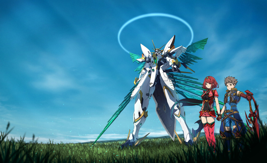 absurdres aegis_sword_(xenoblade) bangs black_gloves breasts chest_jewel earrings fingerless_gloves gem gloves headpiece highres jewelry large_breasts mecha poteto_(potetosarada123) pyra_(xenoblade) red_eyes red_shorts redhead rex_(xenoblade) robot short_hair short_shorts shorts swept_bangs sword thigh-highs tiara weapon xenoblade_chronicles_(series) xenoblade_chronicles_2