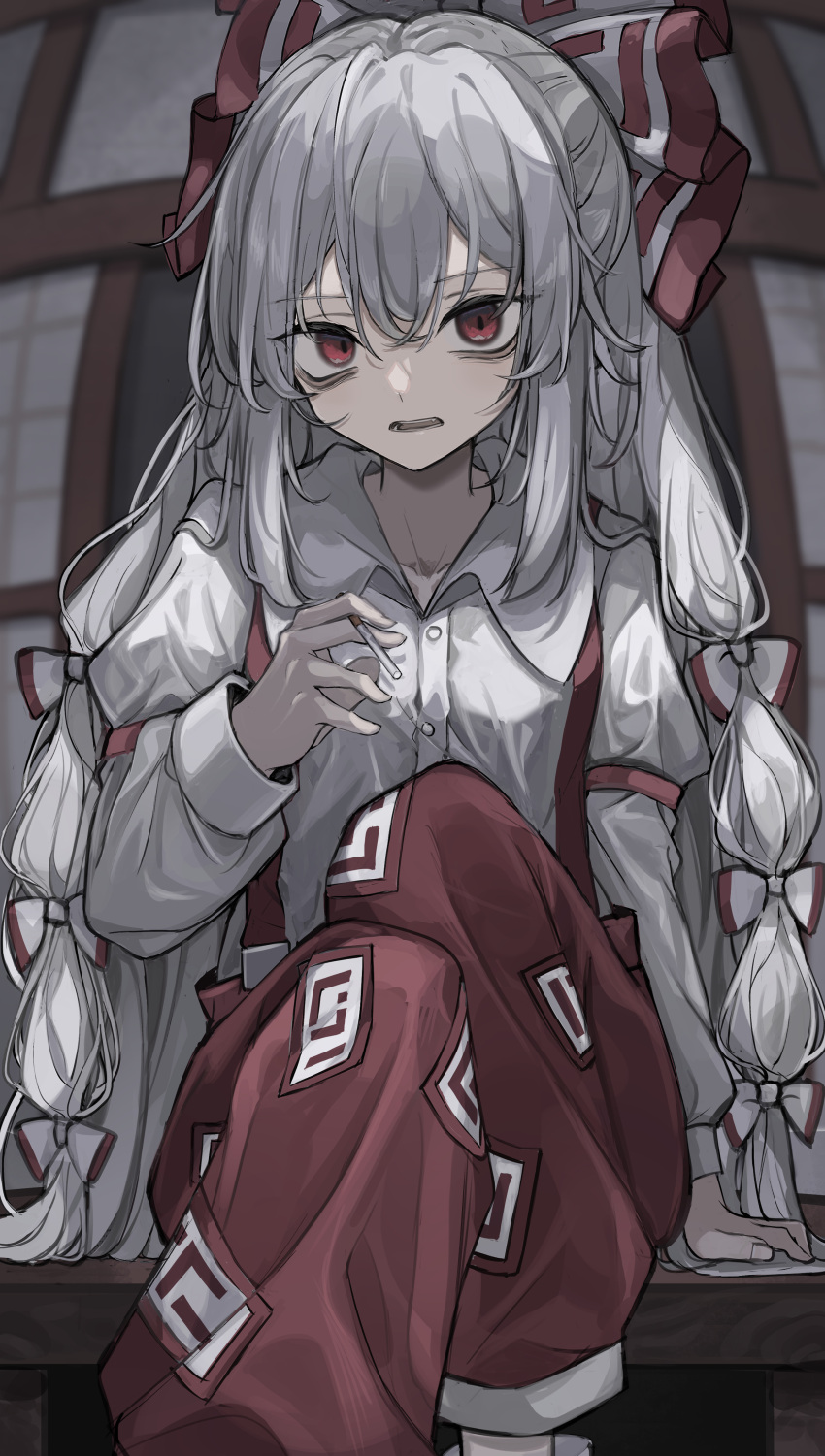 1girl absurdres arm_support bags_under_eyes bow buttons cigarette collared_shirt commentary fang feet_out_of_frame fingernails fujiwara_no_mokou grey_hair hair_between_eyes hair_bow highres hisha_(kan_moko) holding holding_cigarette juliet_sleeves long_hair long_sleeves looking_at_viewer ofuda ofuda_on_clothes open_mouth pants puffy_sleeves red_eyes red_pants shirt sidelocks sitting sleeve_cuffs solo suspenders teeth tongue touhou very_long_hair white_bow white_shirt