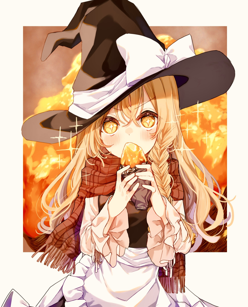 +_+ 1girl apron bangs black_headwear black_vest blonde_hair blush bow braid commentary_request eating food haru_(unfu3432) hat hat_bow highres kirisame_marisa long_hair looking_at_viewer plaid plaid_scarf red_scarf scarf single_braid sleeves_past_elbows solo sweet_potato touhou upper_body v-shaped_eyebrows vest waist_apron white_apron white_bow witch_hat yellow_eyes