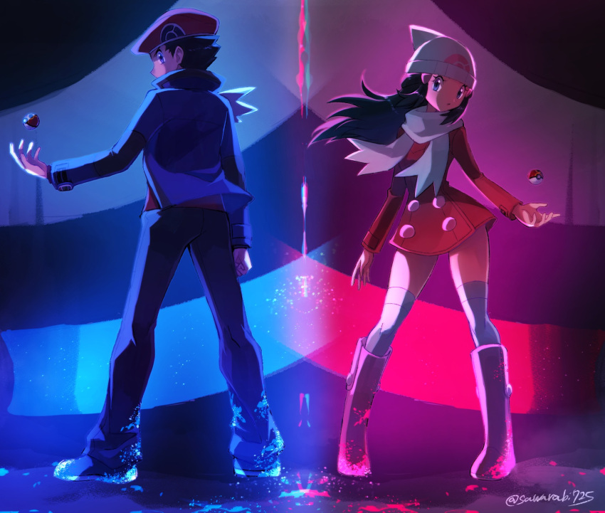 1boy 1girl black_hair black_pants blue_eyes blue_jacket boots contrapposto dress floating_hair from_behind full_body giratina giratina_(origin) grey_scarf hat highres hikari_(pokemon) jacket knee_boots long_hair long_sleeves looking_at_viewer looking_back lucas_(pokemon) open_clothes open_jacket pants pink_footwear poke_ball poke_ball_print pokemon print_headwear red_dress red_headwear red_shirt sawarabi_(sawarabi725) scarf shirt short_dress short_hair signature standing thigh-highs twitter_username white_headwear white_thighhighs