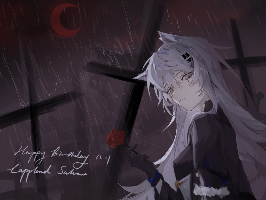 1girl animal_ears arknights bangs black_gloves black_jacket closed_mouth crescent_moon dated flower gloves grey_eyes grey_hair hair_between_eyes hair_ornament hairclip happy_birthday highres holding holding_flower jacket lappland_(arknights) looking_at_viewer looking_to_the_side moon night night_sky outdoors rain red_flower red_moon red_rose rose sky solo tangui180