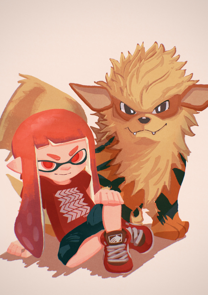 1girl absurdres arcanine closed_mouth company_connection crossover highres inkling inkling_girl kurafuto_(group_klee) long_hair nintendo pink_eyes pointy_ears pokemon pokemon_(creature) red_footwear red_pupils red_shirt redhead shirt shoes short_sleeves sitting smile splatoon_(series) splatoon_3 t-shirt tentacle_hair v-shaped_eyebrows