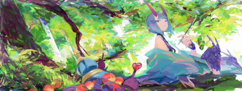 1girl bangs bare_shoulders bob_cut bottle breasts bridal_gauntlets eyeliner fate/grand_order fate_(series) feet_out_of_frame gourd grass halterneck headpiece heart heart_print highres holding holding_smoking_pipe horns inverted_bob japanese_clothes kimono leaf long_sleeves looking_at_viewer lousun makeup nature off_shoulder oni oni_horns open_clothes open_kimono parted_lips pointy_ears purple_hair purple_kimono shin_guards short_hair shuten_douji_(fate) sideways_glance sitting skin-covered_horns small_breasts smoking_pipe solo tree violet_eyes wide_sleeves