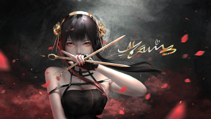 1girl absurdres black_dress black_gloves black_hair dress fingerless_gloves gloves gold_hairband hair_ornament highres holding holding_weapon long_hair petals red_eyes red_nails signature spy_x_family upper_body weapon yor_briar zuic