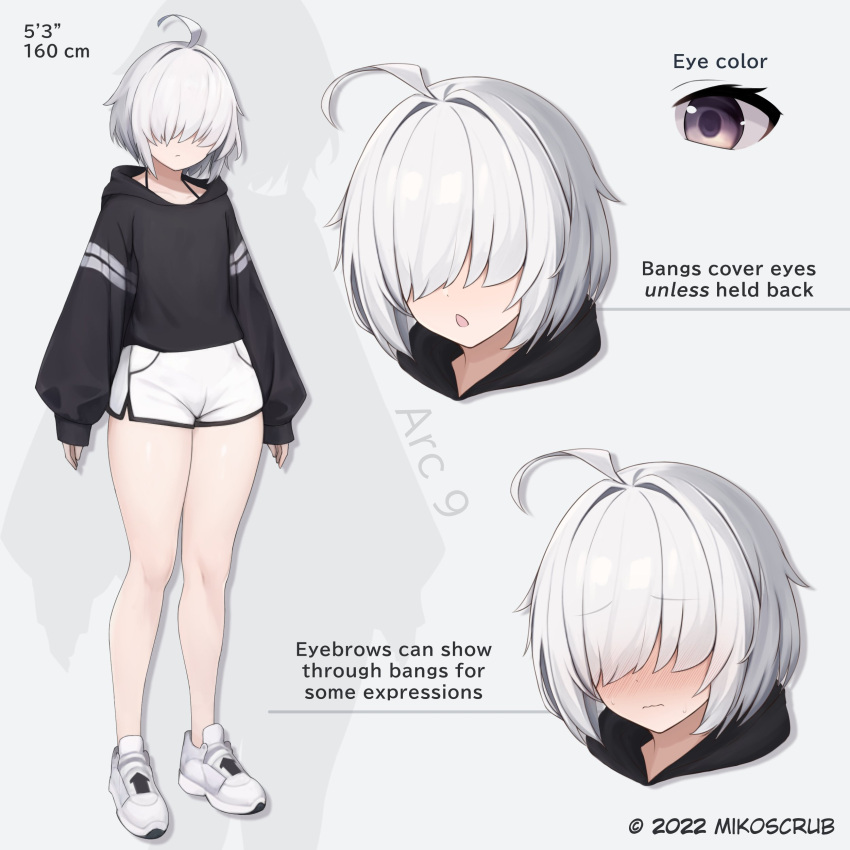 1girl absurdres ahoge blush closed_mouth english_text grey_hair hair_over_eyes highres mikoscrub multiple_views open_mouth original puffy_sleeves reference_sheet shoes short_hair shorts sleeves_past_wrists sneakers standing violet_eyes wavy_mouth white_footwear white_shorts