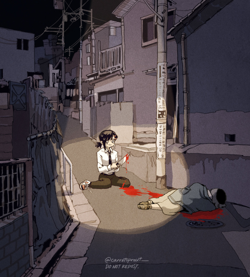 black_hair black_necktie blood blood_on_weapon blood_splatter carrotsprout chainsaw_man collared_shirt crying crying_with_eyes_open death fence hair_ornament hairclip higashiyama_kobeni highres holding holding_knife knife lamppost lying necktie on_back puddle_of_blood road shirt short_hair short_ponytail single_sidelock solo_focus spotlight stab street tears twitter_username utility_pole weapon white_shirt